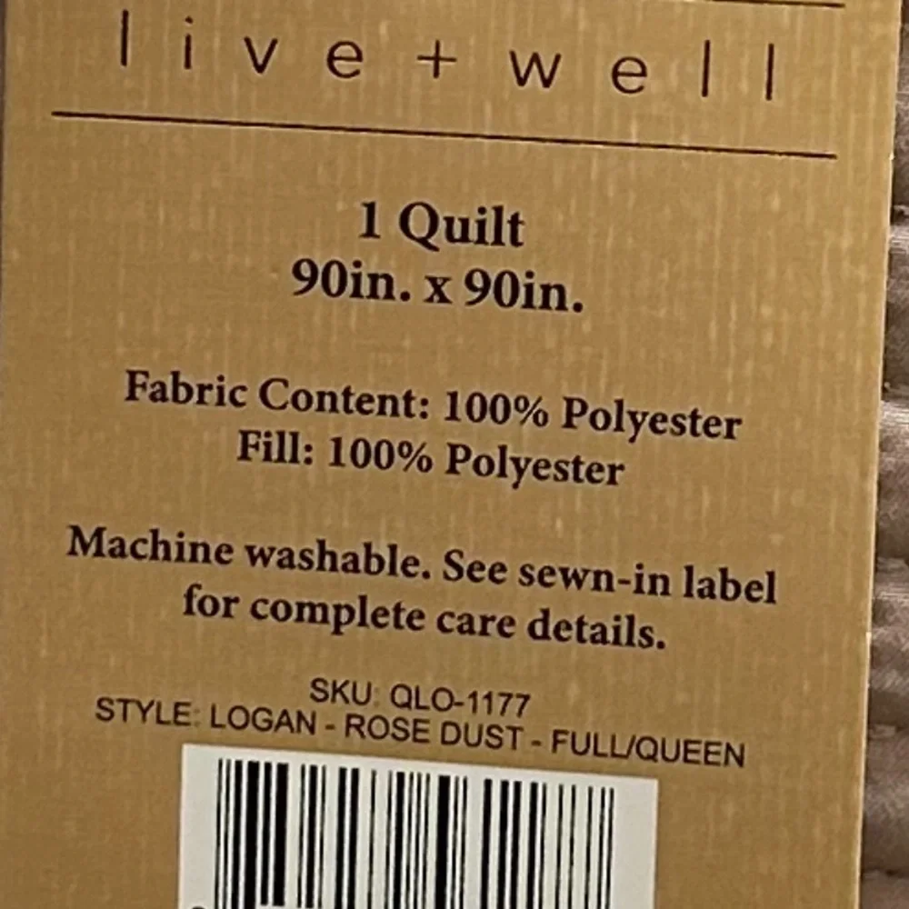 Live Well Full/Queen Rose Dust Quilt 90”x90” New 100% Polyester